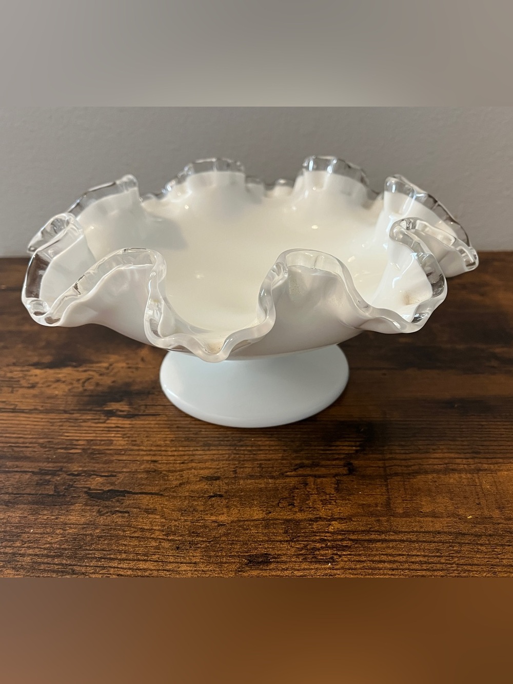 Vintage Fenton White Ruffled Milk Glass Pedestal Bowl